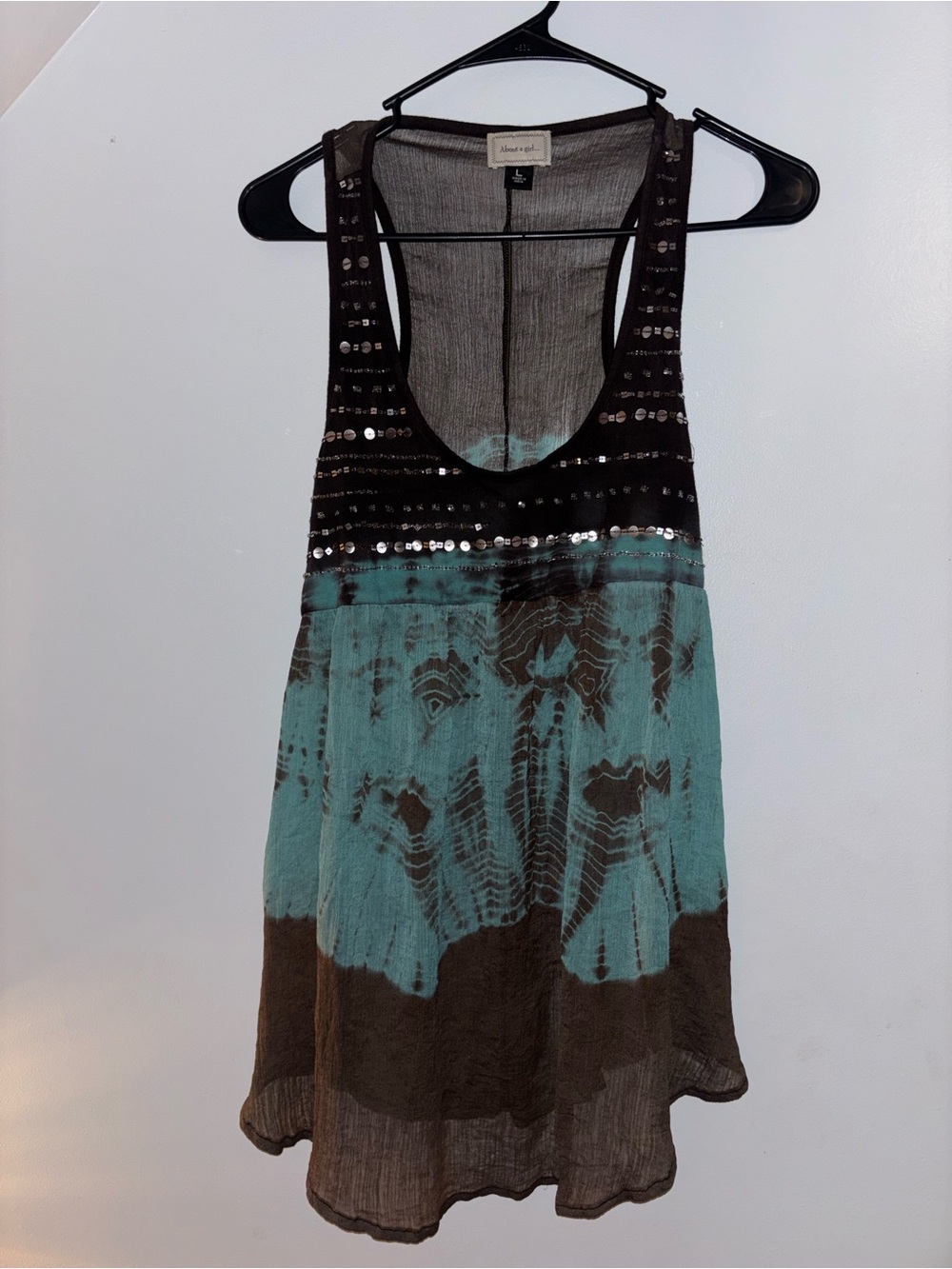 About A Girl Teal and Black Sequined Tie-Dye Tank